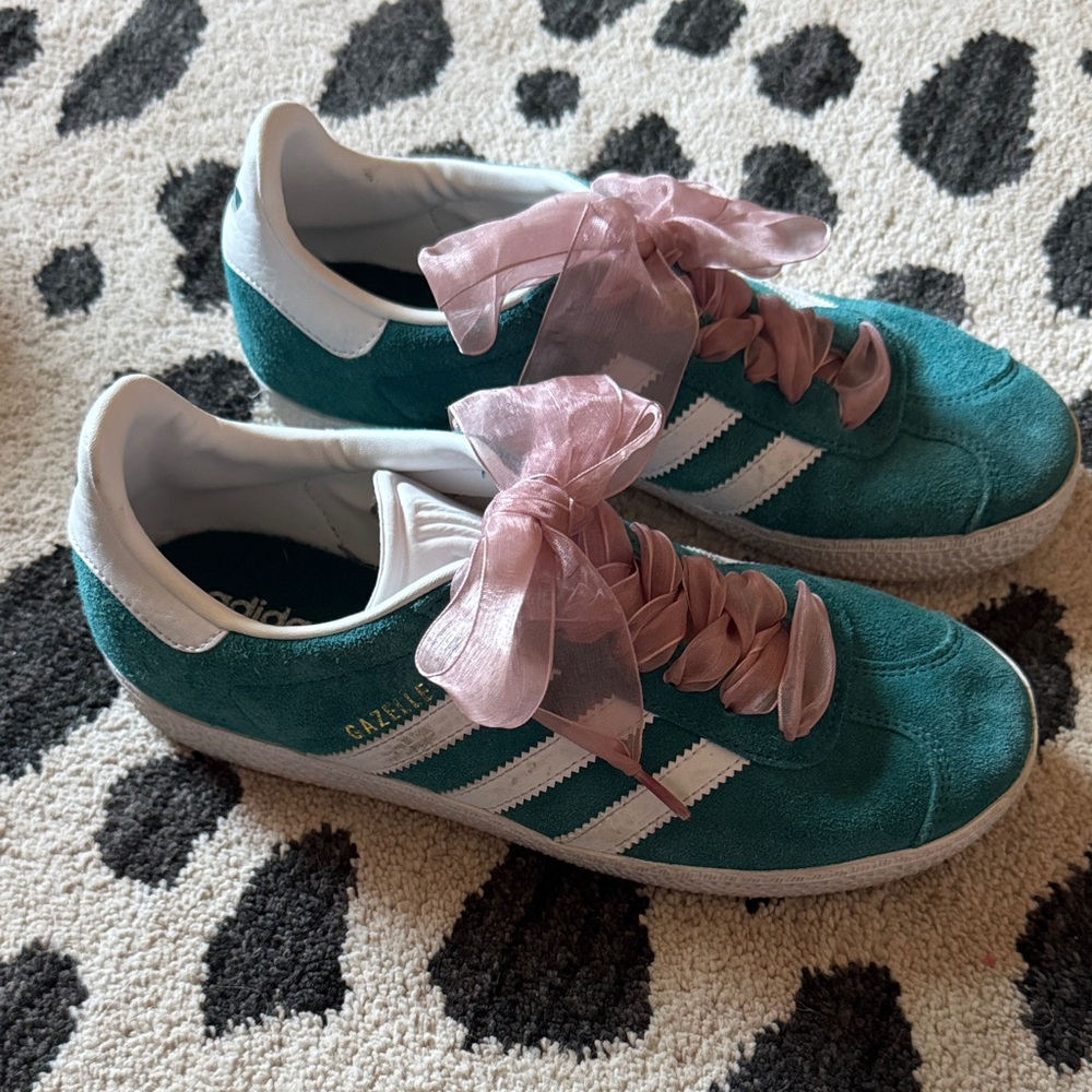 adidas Teal Suede Sneakers with Pink Ribbon Laces